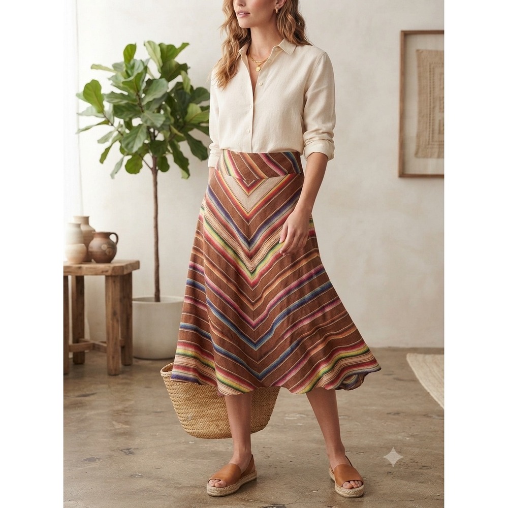 Lauren Ralph Lauren Womens 12 Linen Midi Skirt Brown‎ Multi Stripe Southwestern